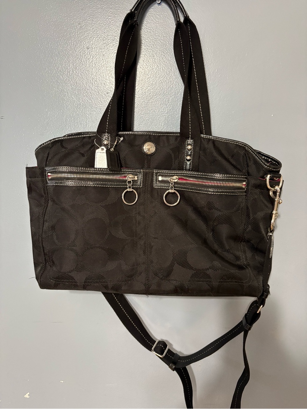 Coach Black Signature Nylon Tote with Front Zip Pockets and Removable Strap